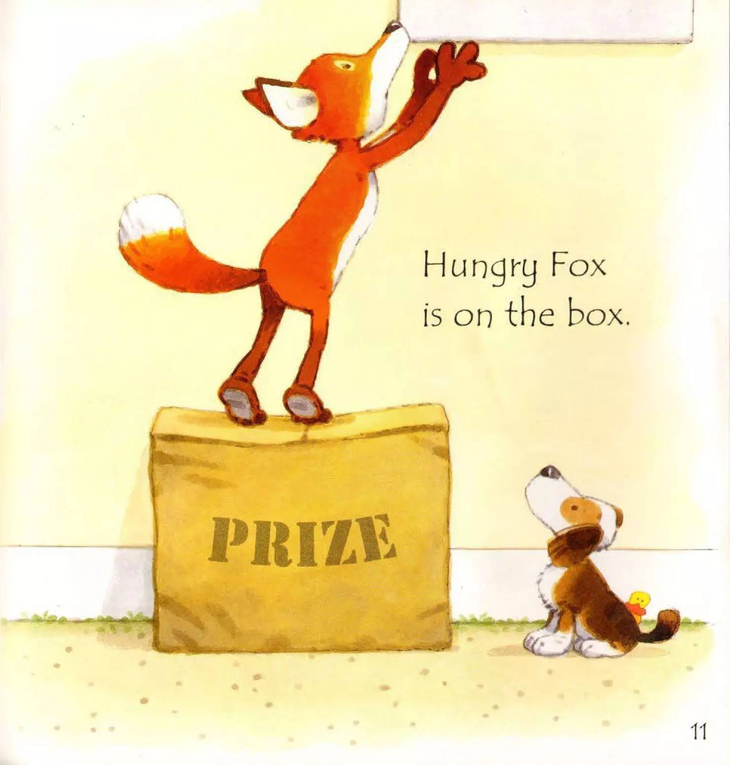 噼啪!    hungry fox is on the box.   饥饿的小狐狸站在箱子上.