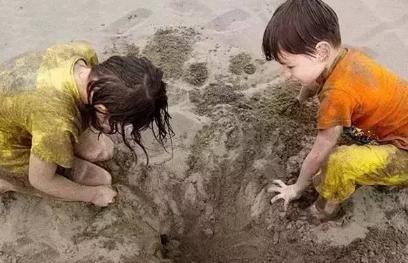 一家幼儿园郊游,小朋友们在泥地里快乐地玩耍,孩子们有些在看小蚂蚁