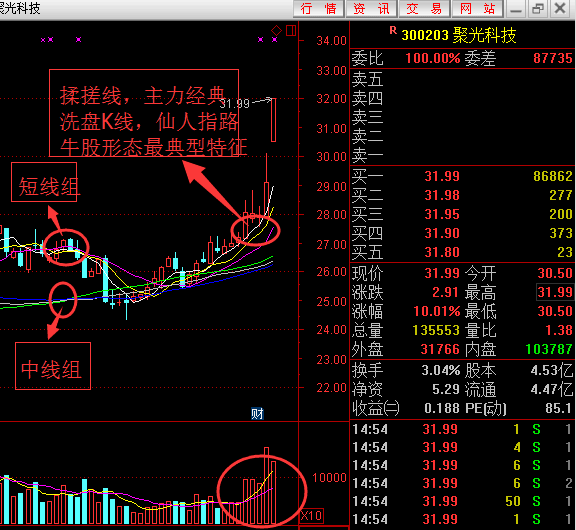 仙人指路牛股形态,轻松收获聚光科技涨停板