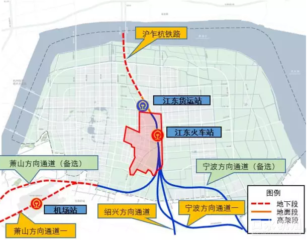 沪乍杭铁路沿钱江隧道西侧布线并在大江东设火车站