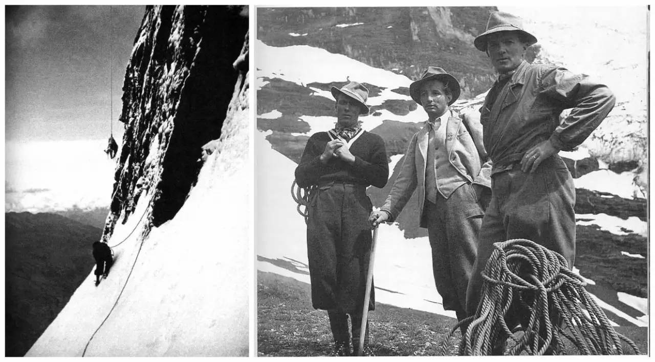 左图为1936年北壁救援的真实照片,右图为当时尝试营救东尼的三位瑞士