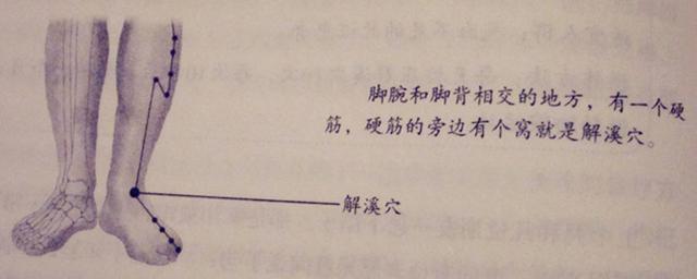 脚腕和脚陂相交的地方,有一个硬筋,硬筋的旁边有个窝就是解溪穴.