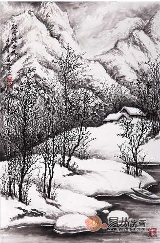 雪景山水画 吴大恺国画作品《积雪浮云端 作品来源:易从网