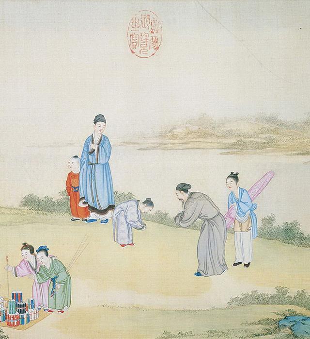 此画卷成于1742年,描绘了京城边际乡人互相打躬作揖,摊贩卖爆竹,打