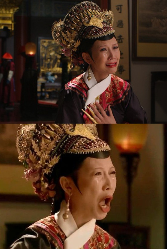 蔡少芬饰演的"皇后娘娘"哭戏也是狠了点.面部表情十分狰狞,青筋突起.