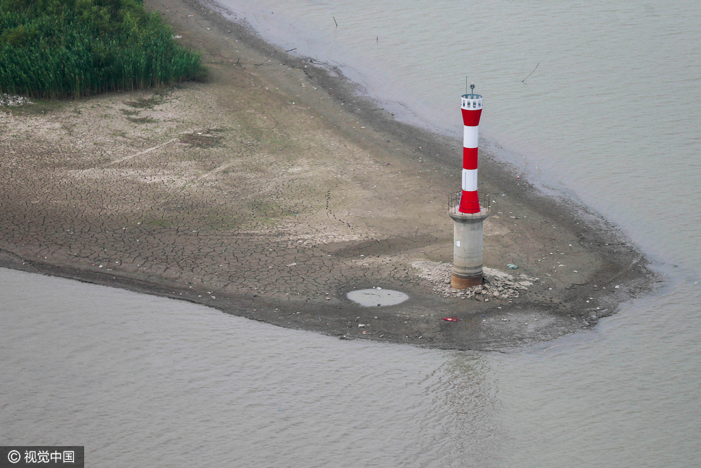 9月27日,江苏省淮安市,淮河江苏段河道中一处水位航标基座完露.