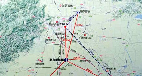 "两横":机场北线高速公路,廊坊经新机场至涿州城际铁路(廊涿城际)