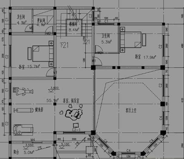 农村盖房新潮流,复式楼中楼户型14x14米,平面图