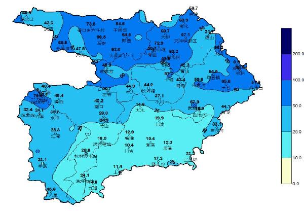 天气,截止今天10时,郧西,郧阳区,丹江口大部累计雨量50～99毫米,房县