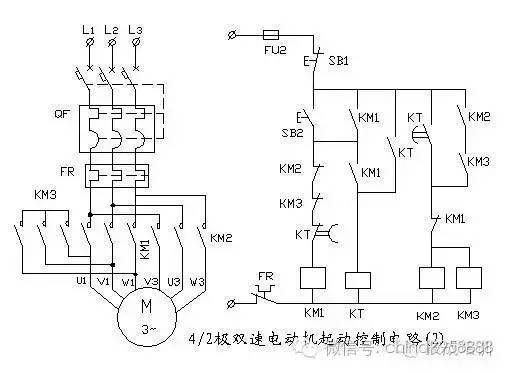4/2极双速电动机起动控制电路工作原理:图中km1为三角形接法(△)接触