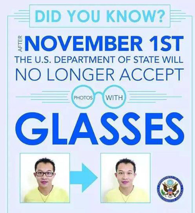 美国驻华大使馆:签证申请照片禁戴眼镜和有色