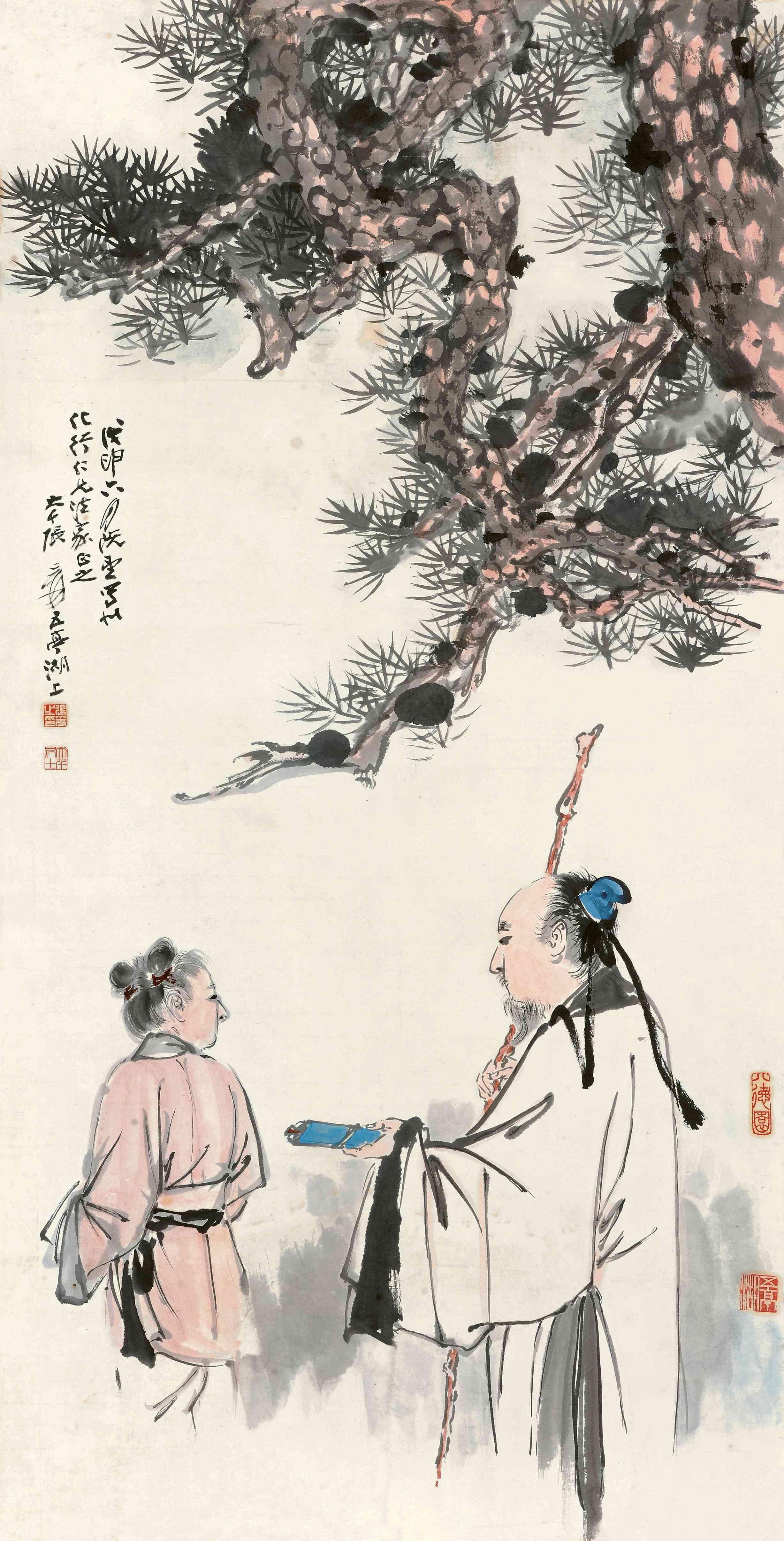 画中高士背手伫立于老树枯枝下侧听秋风,神态自然平和