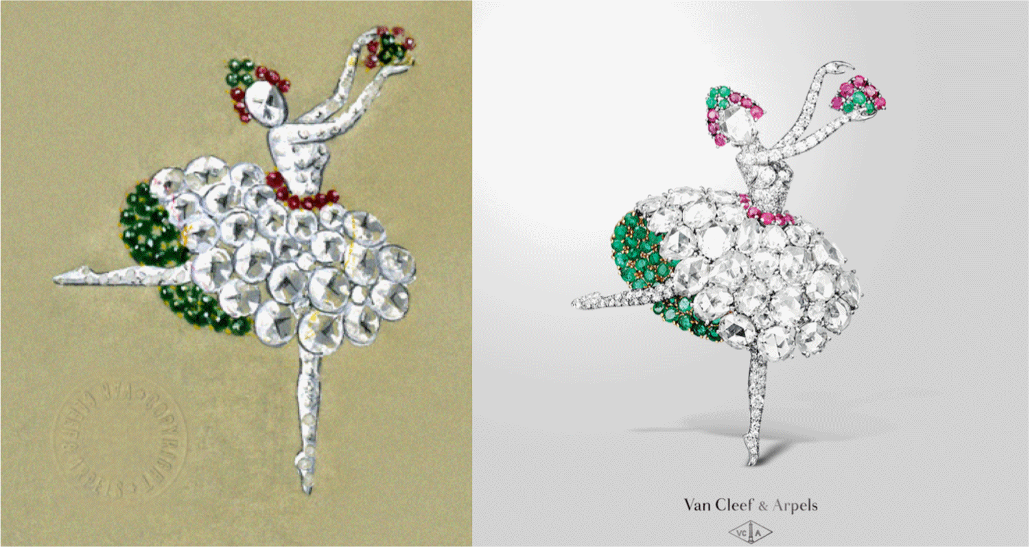 1940年代,梵克雅宝 danseuse espagnole 胸针设计草图及胸针.
