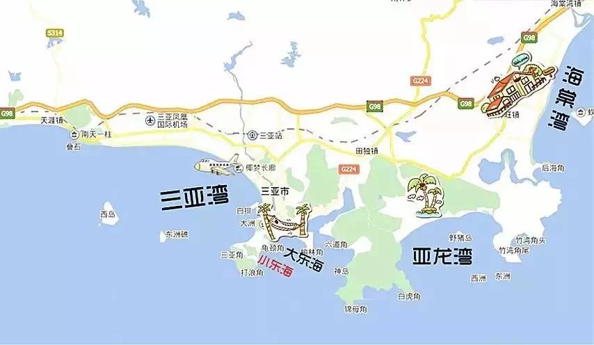 出家门特意为你做了一张 三亚四大海湾的地理分布图 从左到右分别是