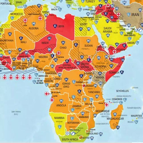 最危险的国家和地区用暗红色标明,包括利比亚,马里,苏丹,也门,叙利亚图片