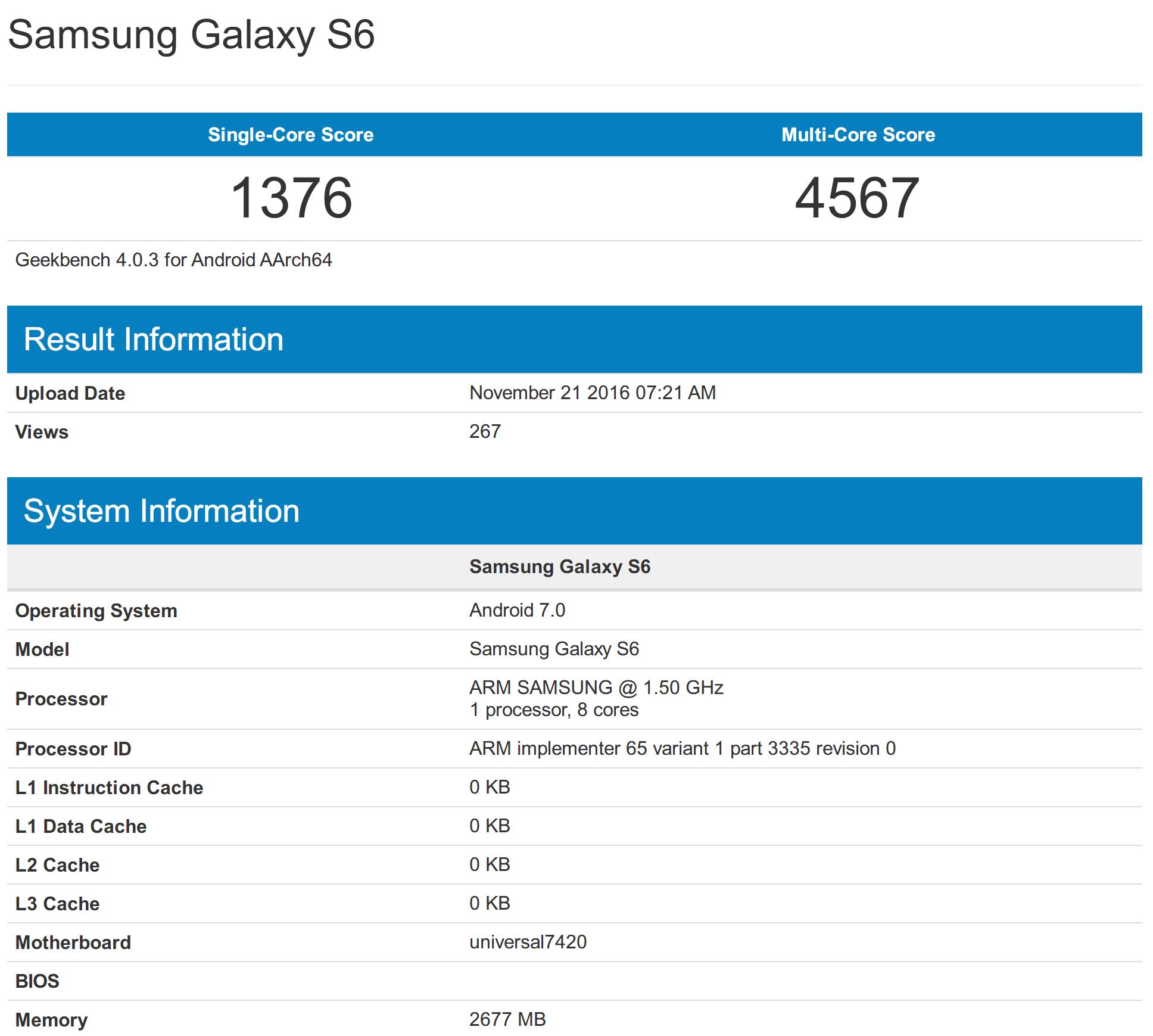 跑分网站惊现三星Galaxy S6 Android 7.0测试固件