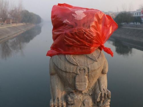 【国内】河南安阳一桥上石狮子头套塑料袋 霸