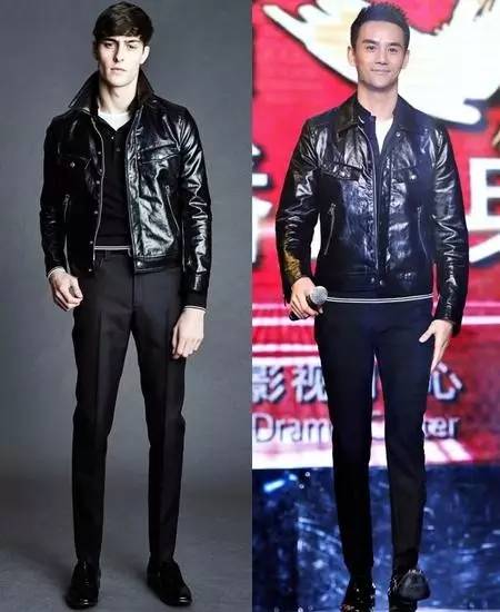 鹿晗身着saint laurent2016春夏男士系列黑白波点衬衫,流苏装饰皮夹克