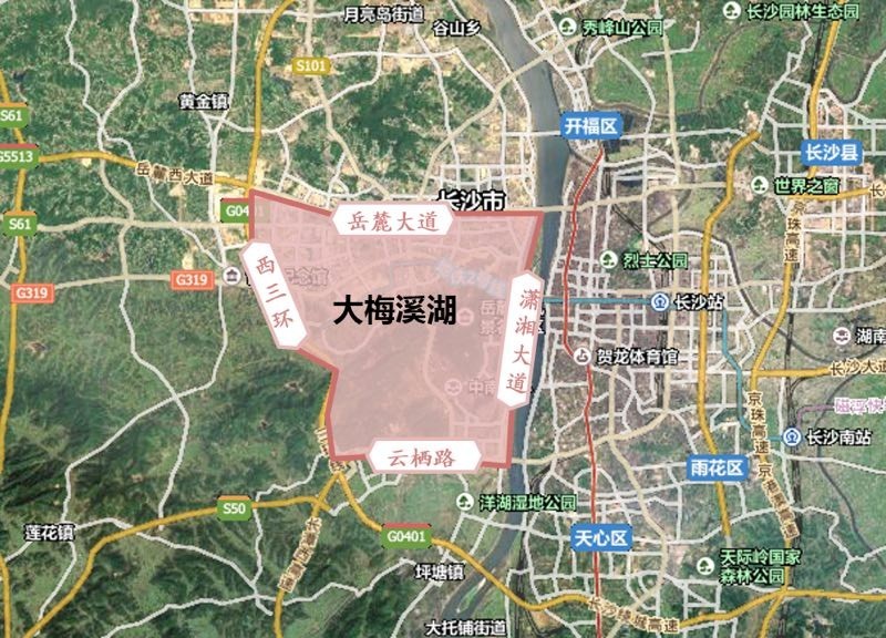 以梅溪湖国际新城为中心,涵盖麓谷高新区,市政府,大学城等区域