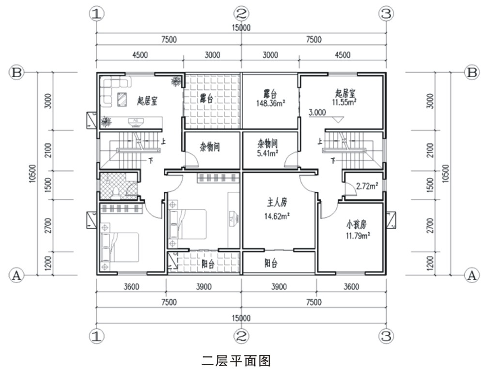 15米面宽农村兄弟别墅 全南卧室北侧车库含平面图