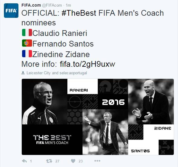 【投票】FIFA世界足球先生3人候选、年度最佳