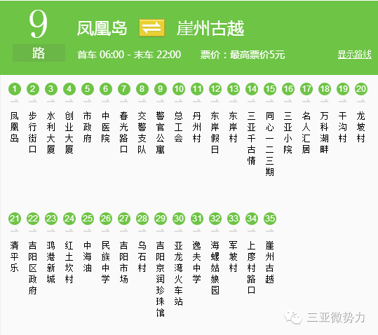 9路公交车鹿回头广场(三亚游客中心)三亚市民游客中心站凤凰机场凤凰