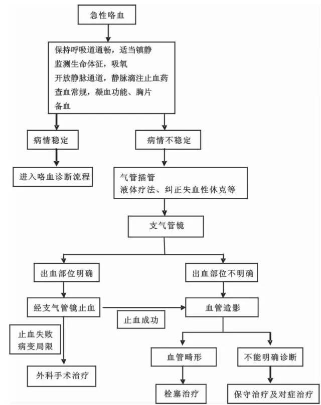 治疗 治疗原则为病因治疗,止血治疗及预防咯血引起的窒息,失血性休克