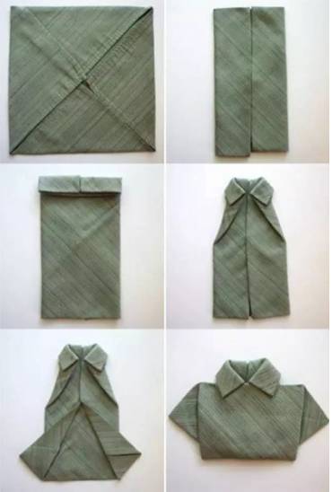 餐桌口布折叠花样图解 像下面这个衣服形状的, 其实大家都可以折的!