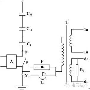 对电容分压器进行电容量及介质损耗因数测试时,由于中间变压器一次侧