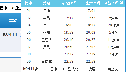 改线运行后,巴中到重庆往返列车在始发终到时间,途径