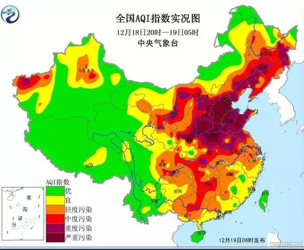 中国雾霾地图:一片紫黑包围的小绿点,是哪