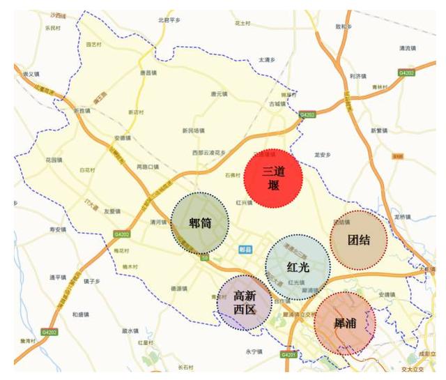 国家级二级公路郫彭路(连接郫都区和彭州),成彭快铁(经三道堰连接成都