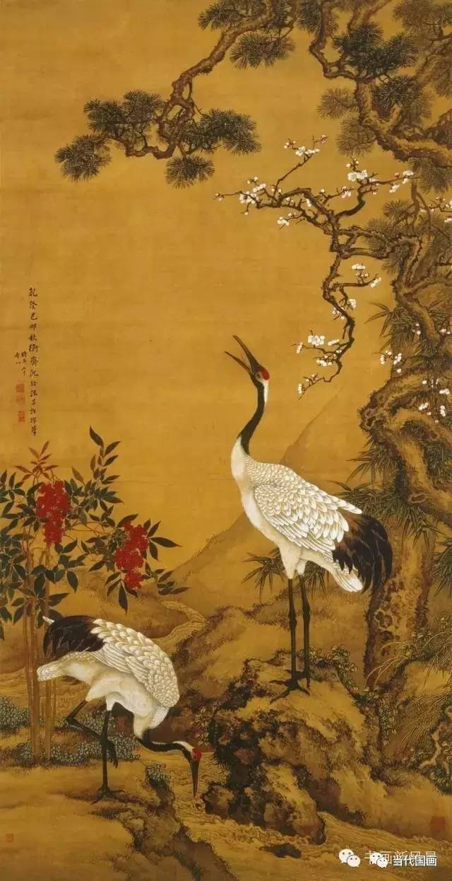 其花鸟画远宗"黄家富贵",师法吕纪,从明代院体脱颖而出,笔墨工致,设色