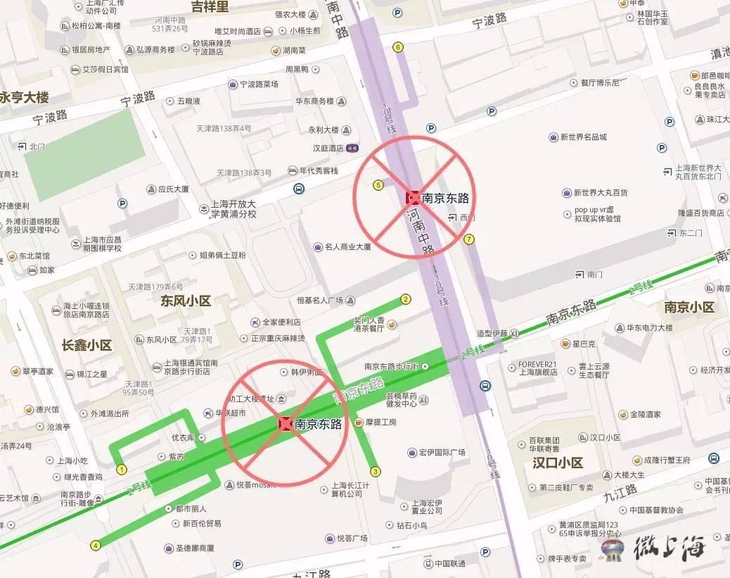 轨道交通2号线,10号线南京东路站 出入口关闭,途经列车均不停站.