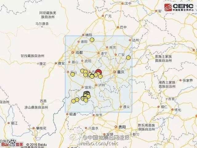 分布从地图上看是这样的 ▼ 此次地震震中距四川省内江市隆昌县34公里图片