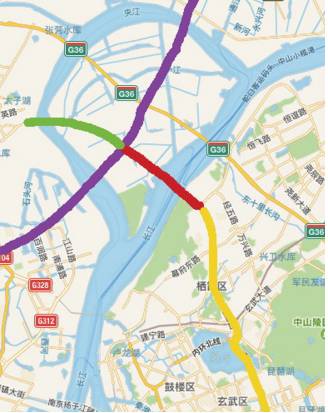 红色为和燕路过江通道南段,绿色为北段.紫色为浦仪公路.