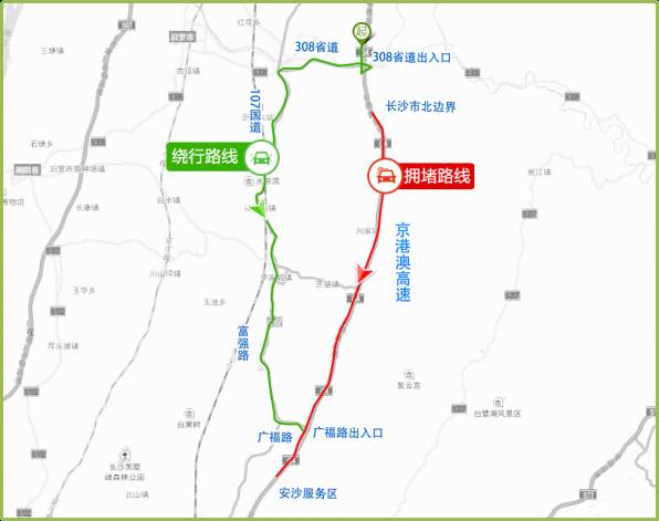 【绕行路线】:从308省道出入口下高速,沿308省道-107国道-富强路-广福