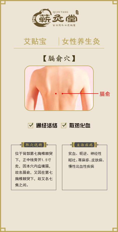 膈俞穴的准确位置图 膈俞穴位于背部,第七胸椎棘突吓旁开1.