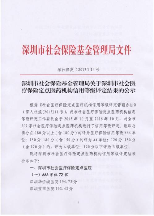 深圳远东妇儿科医院被评为市医保信用等级AA