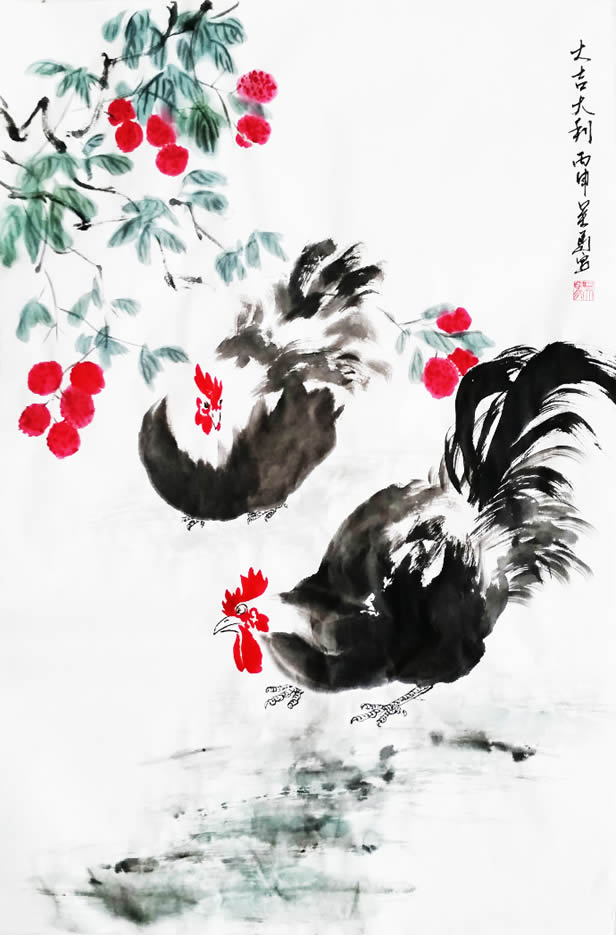大吉合欢--中国当代著名画家吴马画鸡作品欣赏