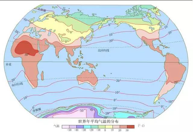 世界年平均气温分布图,知道分布规律,最高,最低温所在区域.