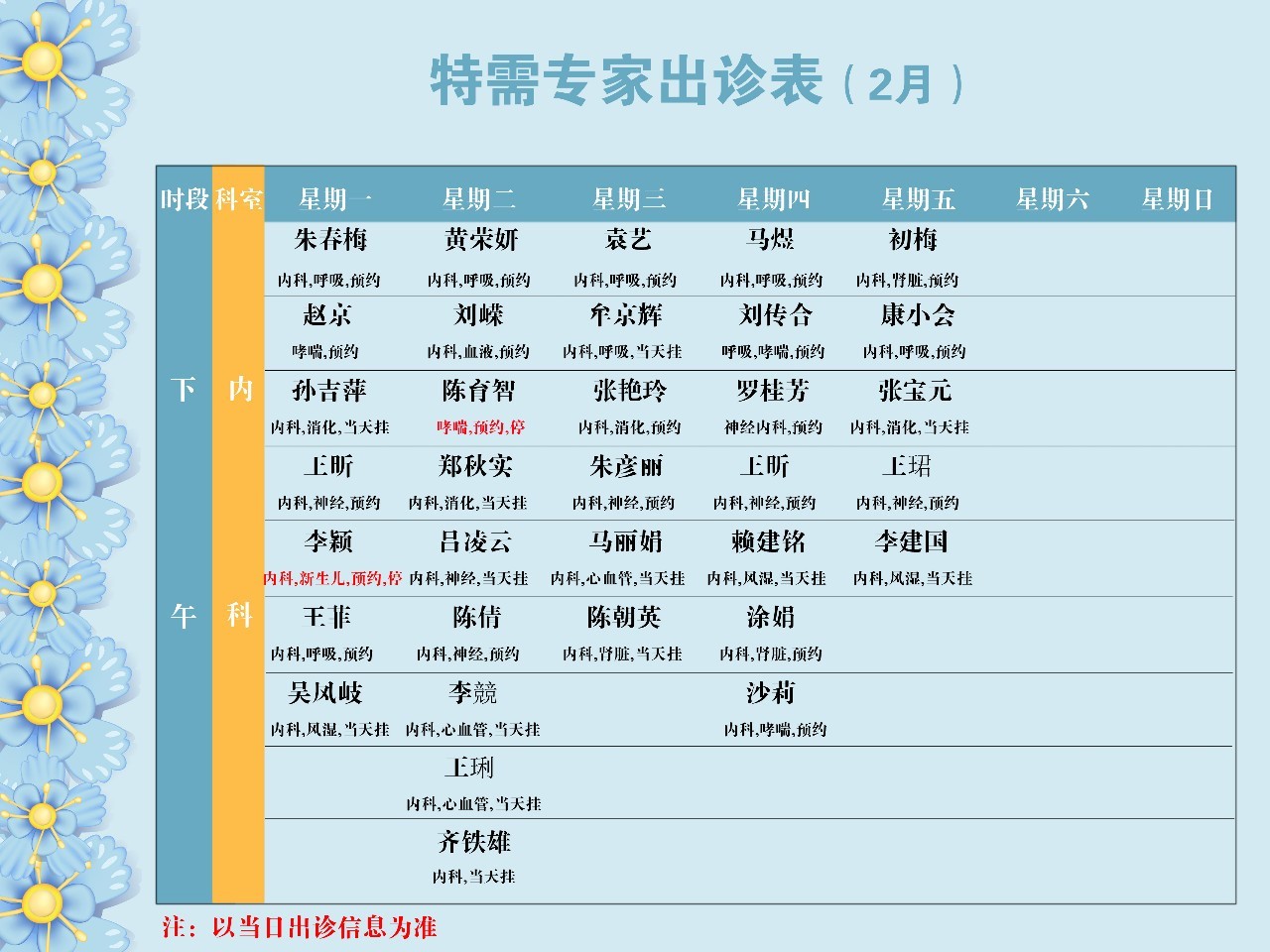 首儿所特需专家出诊表(2月)