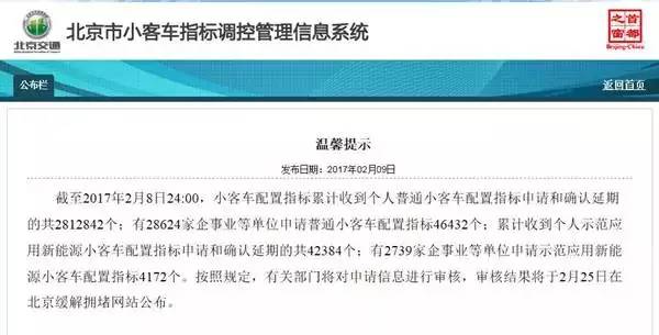 北京市2017年新能源小客车个人配置指标或仅剩8616个