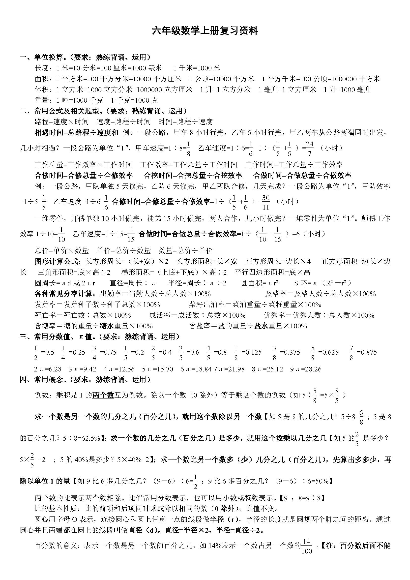 小学六年级数学上册重难点复习资料