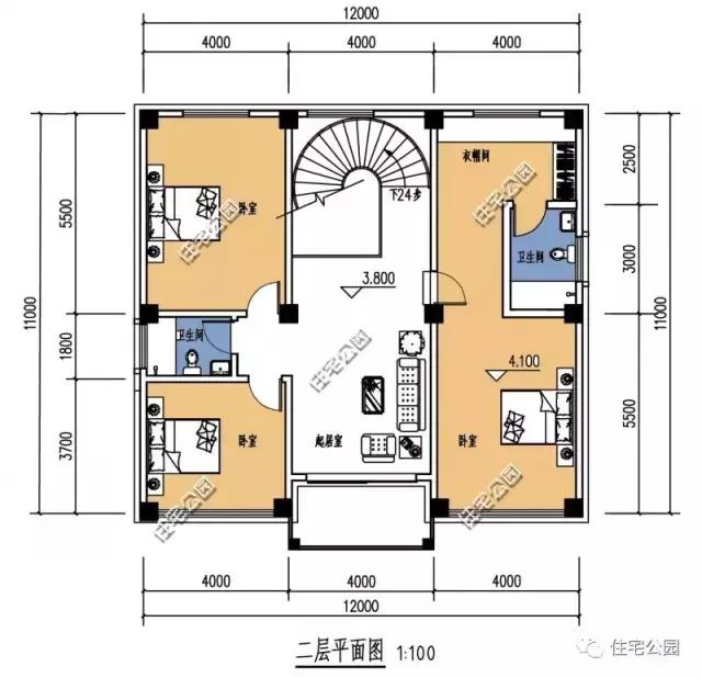 12x11米农村别墅,旋转楼梯带夹层,怎么做到的?