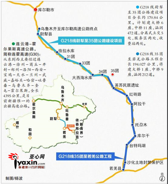 一条出疆高速路 亚心网讯 (记者 赵梅)g218线尉犁至35团,35团至若羌