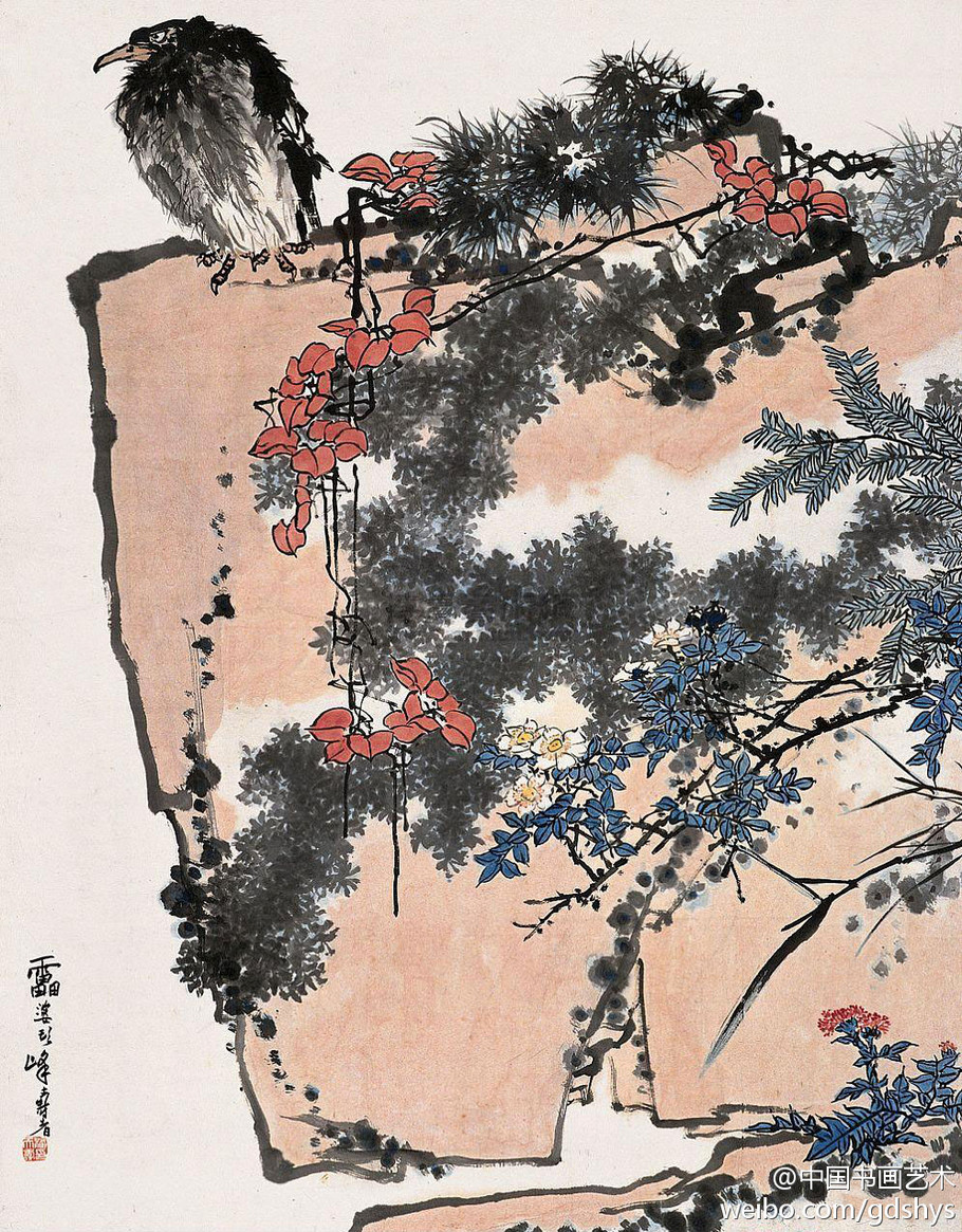 【赏析】《鹰石山花图》是潘天寿晚年艺术鼎盛期的杰作.