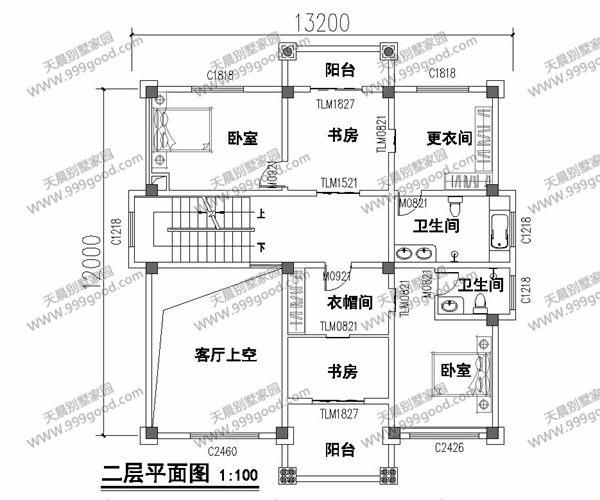 别墅三层平面图:主卧带独卫,中间大的缓冲地带是公共休息的地方,保证