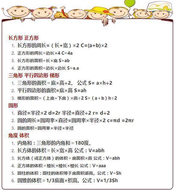 小学数学1 6年级公式大全 快让孩子完整掌握