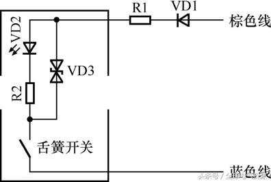 图1-55 磁性开关内部电路图 当有磁性物质接近磁性开关传感器时